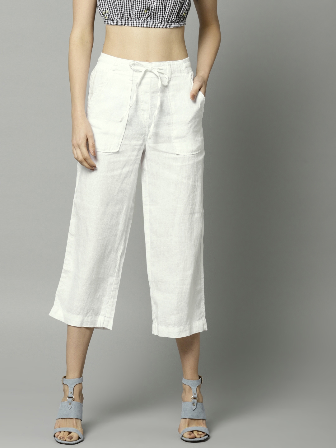 Buy Marks  Spencer Women White Linen Wide Cropped Trousers  Trousers for  Women 2374391  Myntra