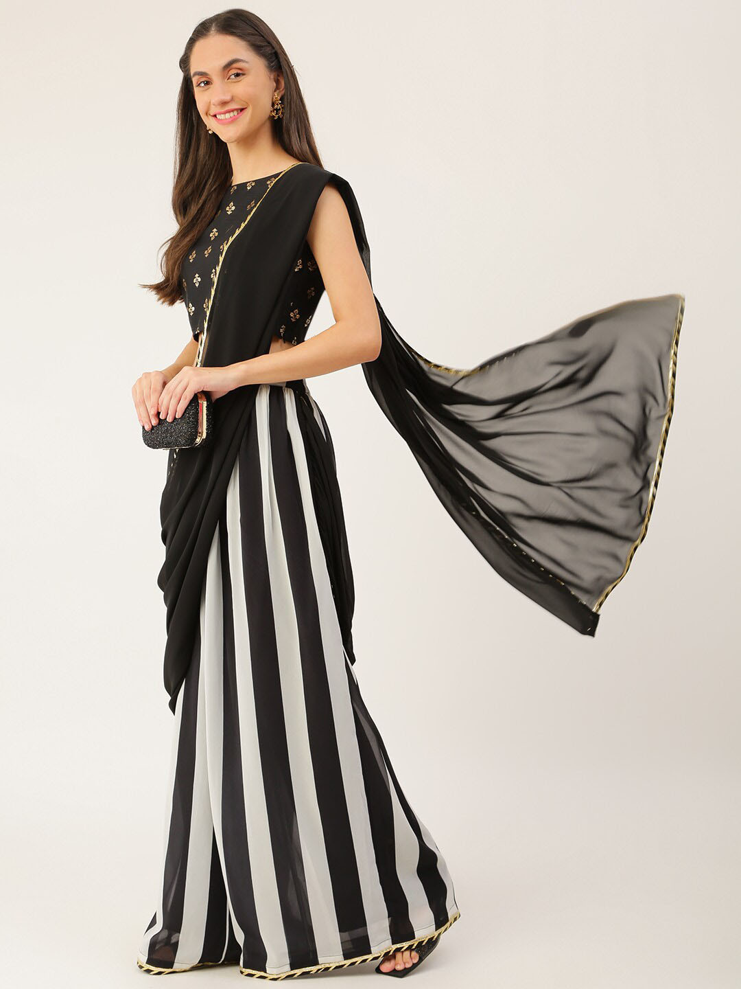 THE FAB FACTORY Striped Pure Georgette Ready To Wear Draped Saree