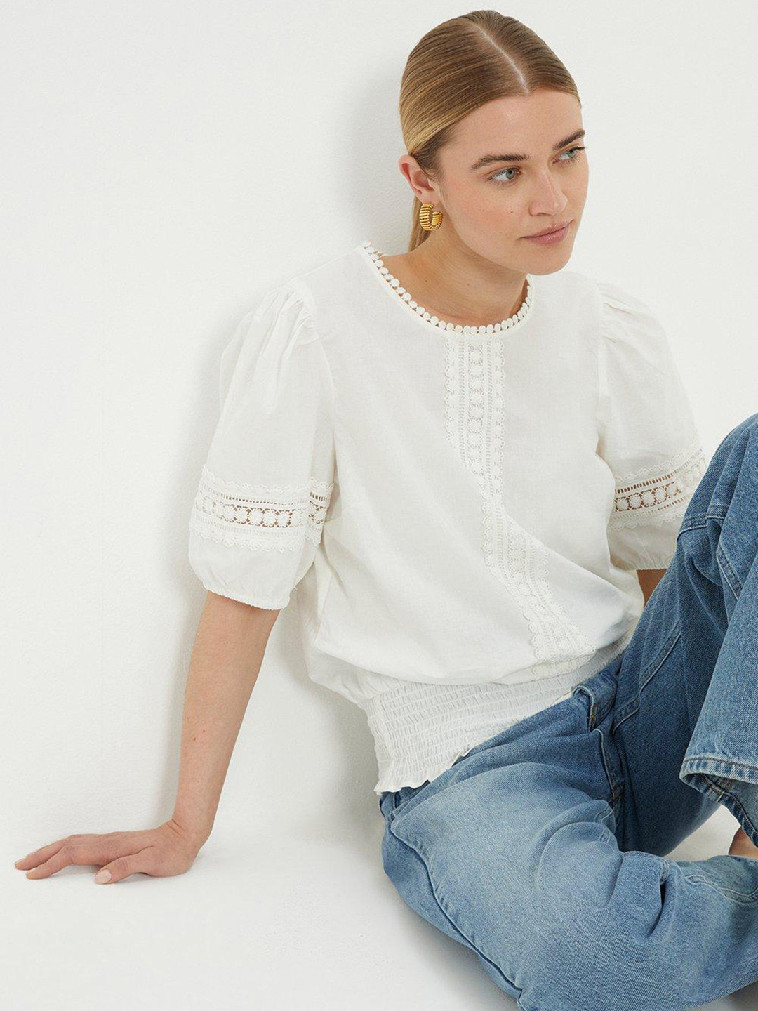 DOROTHY PERKINS Lace Insert Puff Sleeve Smocked Top