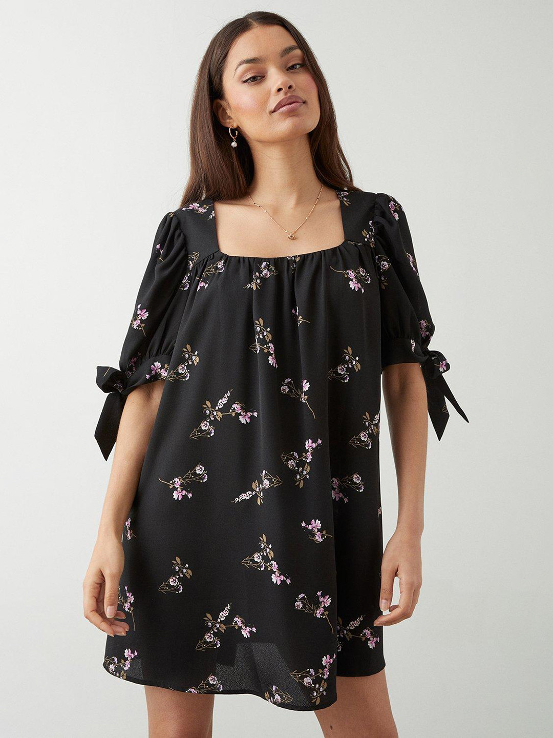 DOROTHY PERKINS Petite Floral Print Square Neck A-Line Mini Dress