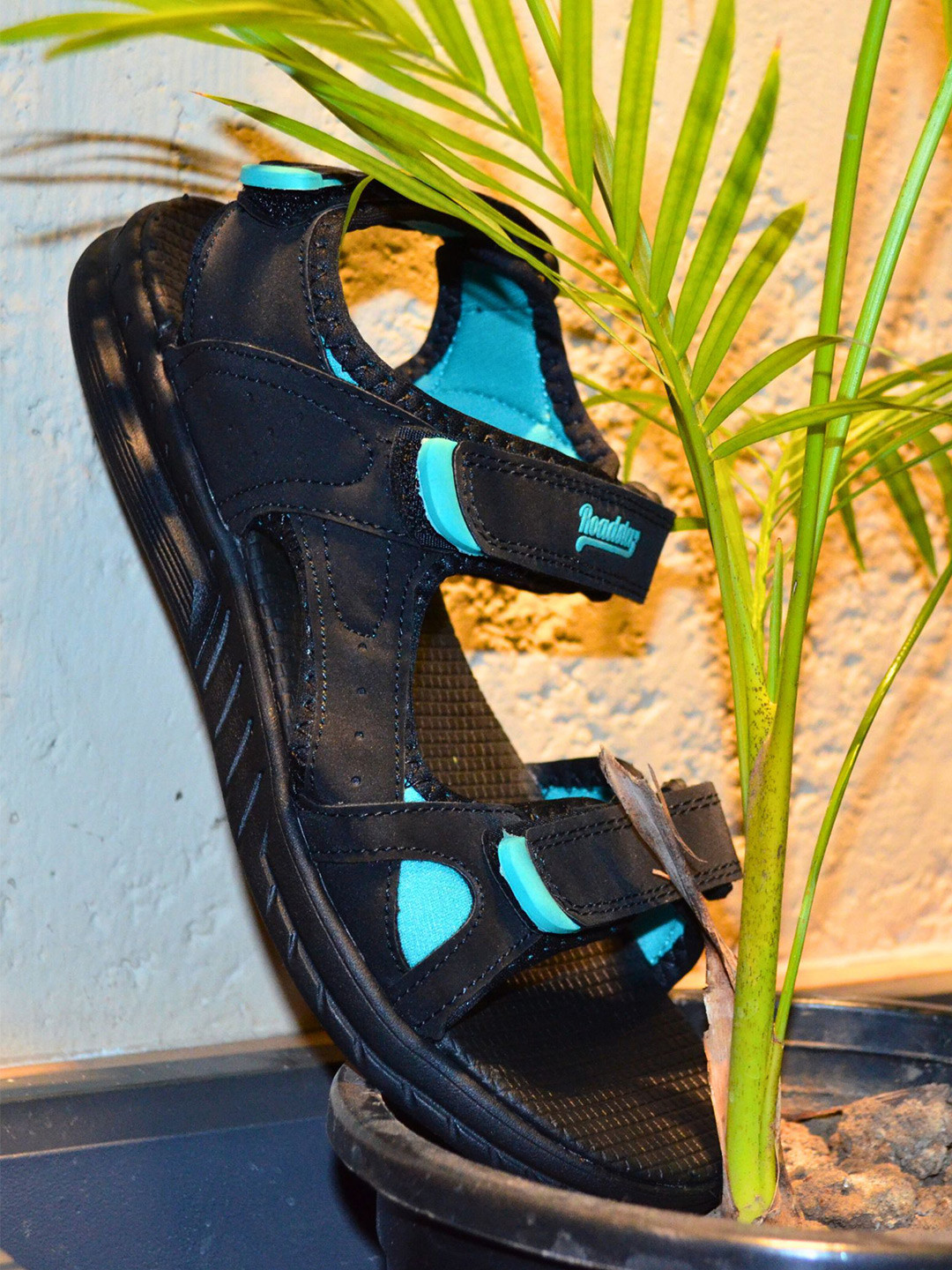 Roadster Men Black & Blue Comfort Sandals With Velcro
