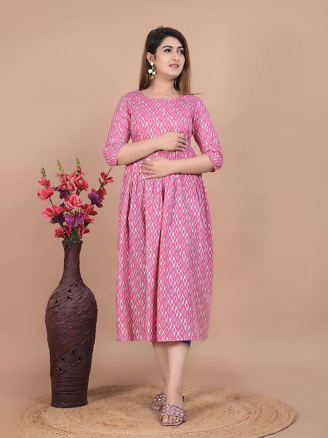UNIBLISS Pink Geometric Cotton Fit & Flare Midi Dress