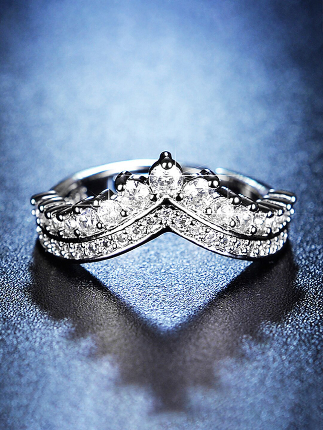 Jewels Galaxy Silver-Plated American Diamond-Studded V-Shaped Adjustable Finger Ring