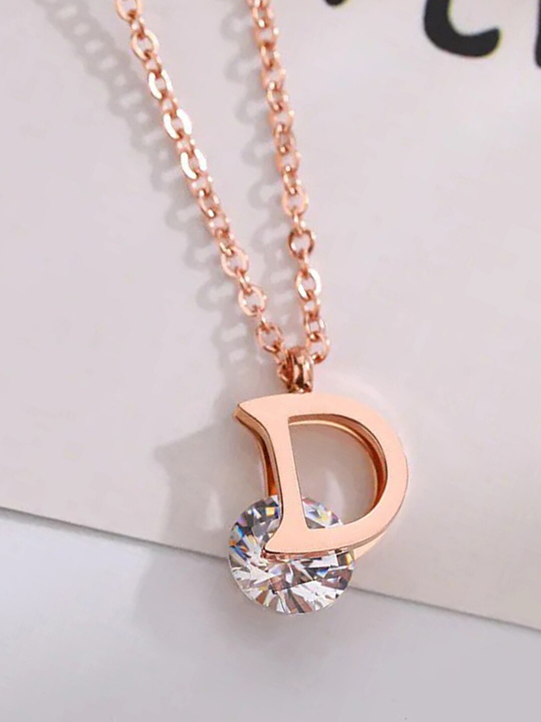 Jewels Galaxy Rose Gold-Plated CZ-Studded & 'D' Alphabet-Charm Pendant With Chain