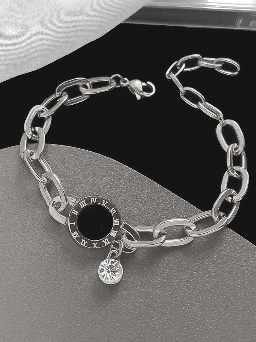 Jewels Galaxy Women Silver-Plated Cubic Zirconia Roman Charm Link Bracelet