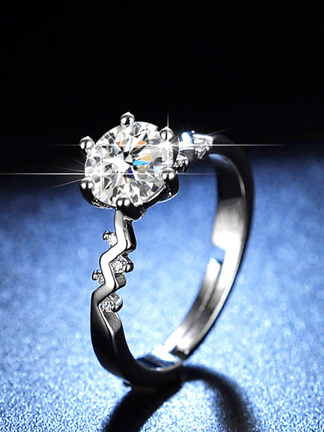 Jewels Galaxy Silver-Plated Crystal-Studded Wave Shaped Adjustable Finger Ring