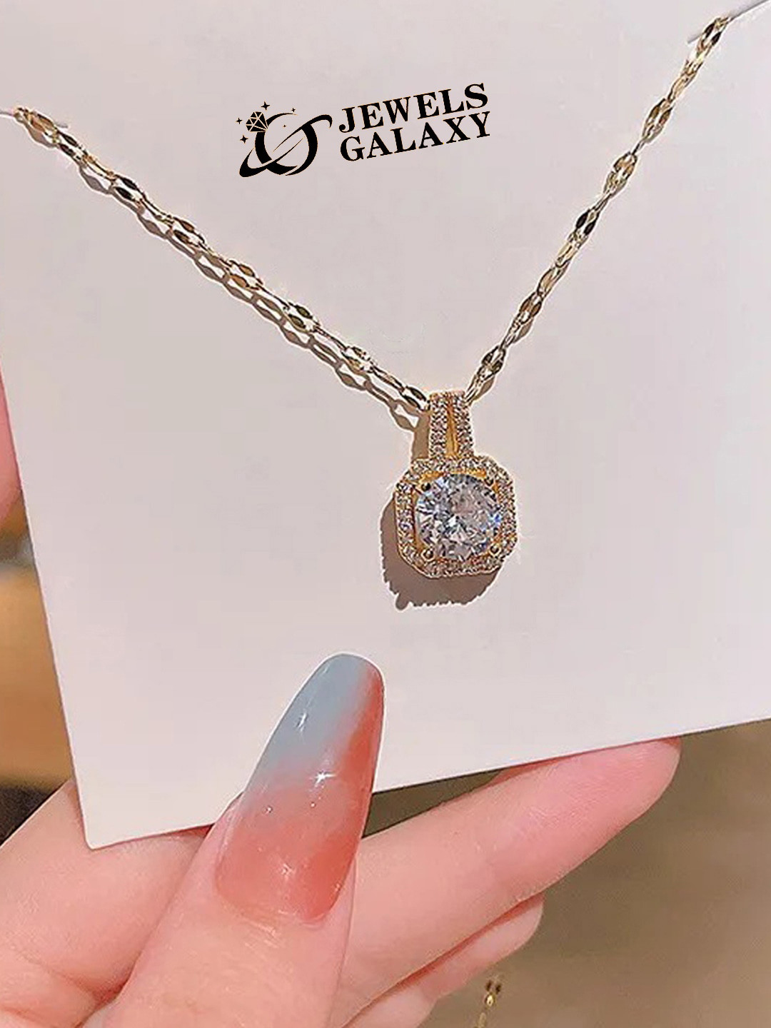 Jewels Galaxy Gold-Plated Cubic Zirconia Square Contemporary Charm Pendant With Rope Chain
