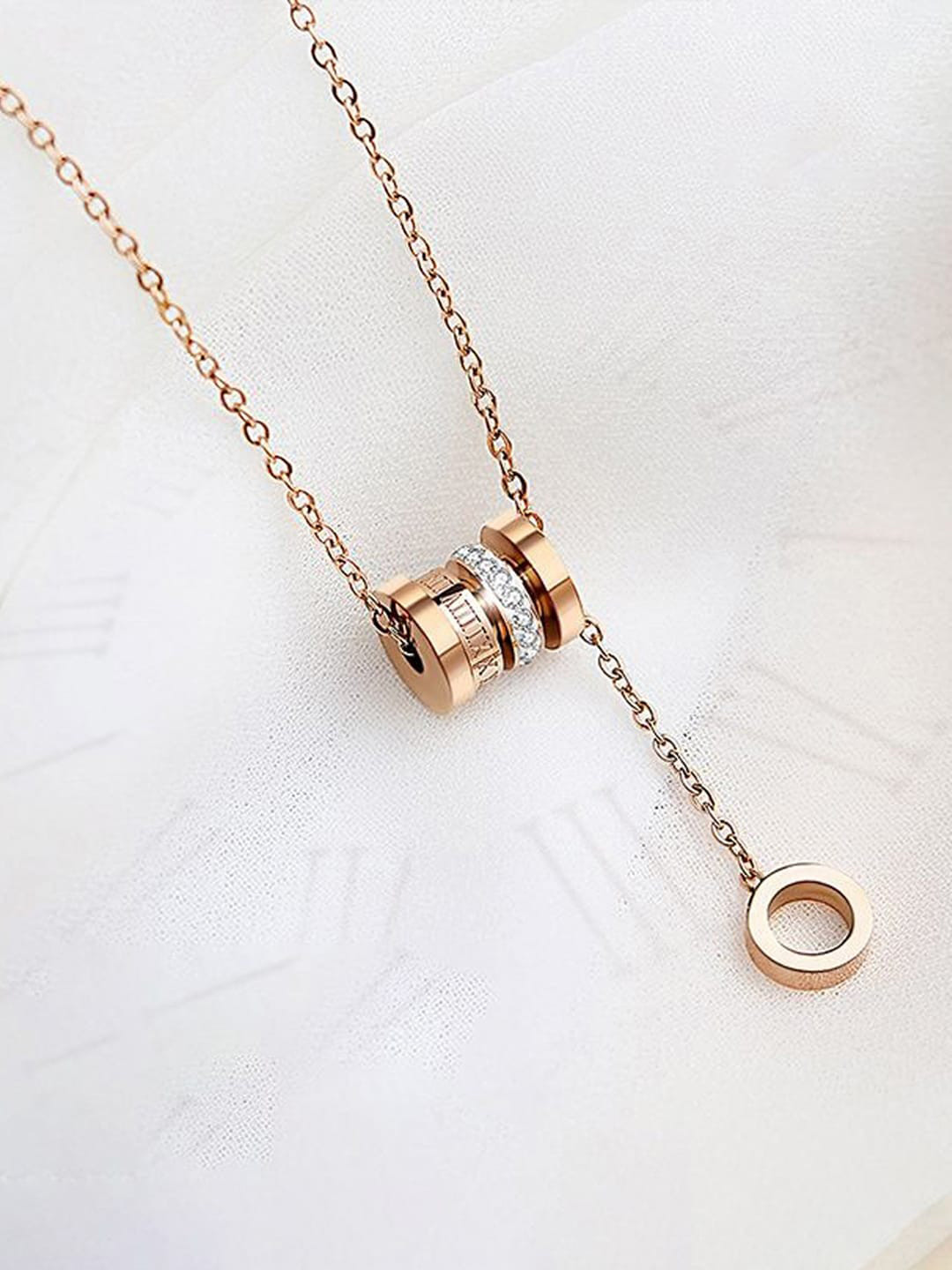 Jewels Galaxy Rose Gold-Plated Cubic Zirconia Studded Pendant With Hanging Loop & Chain