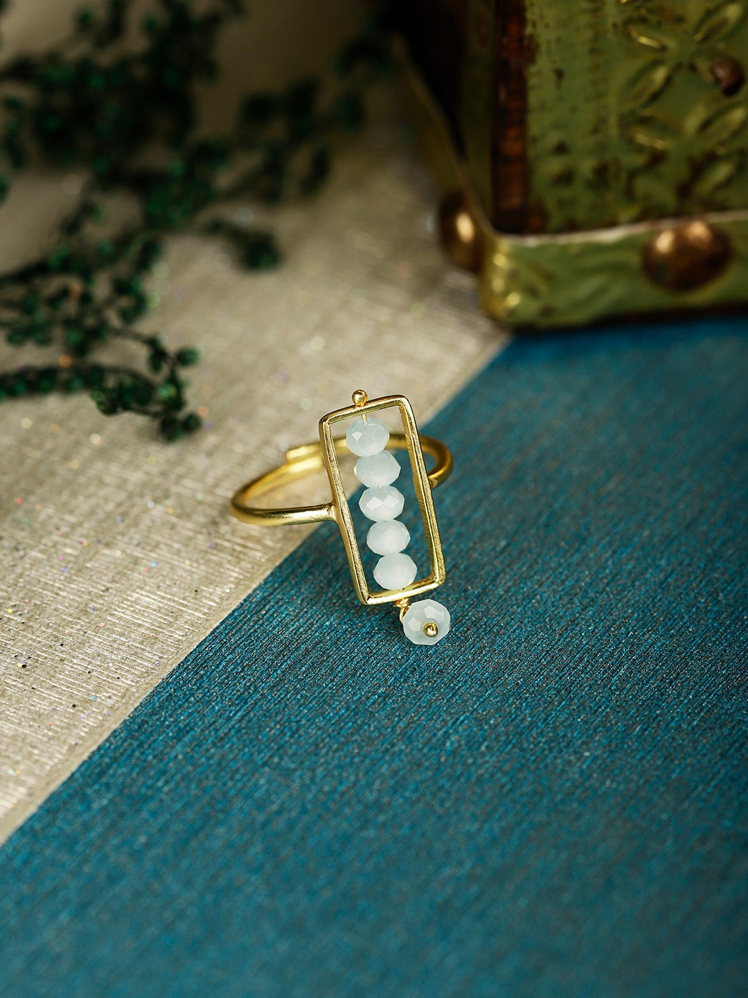 Berserk Gold Plated Aquamarine Bads Studded Finger Ring