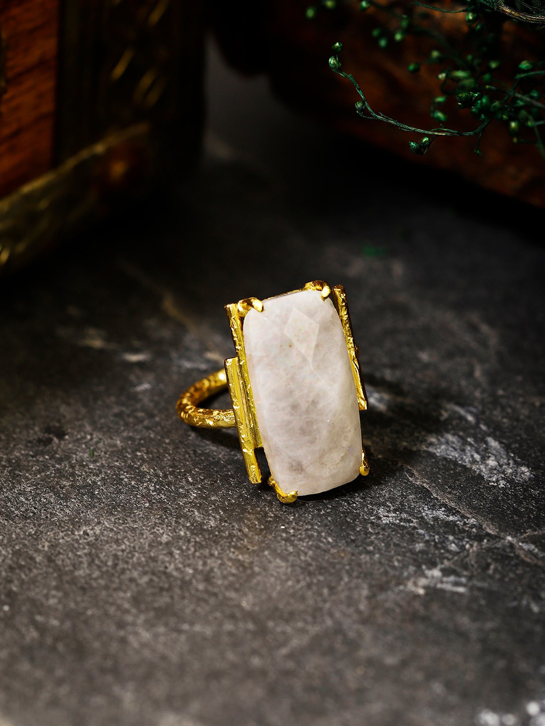 Berserk Gold-Plated Baguette Moonstone Adjustable Finger Ring