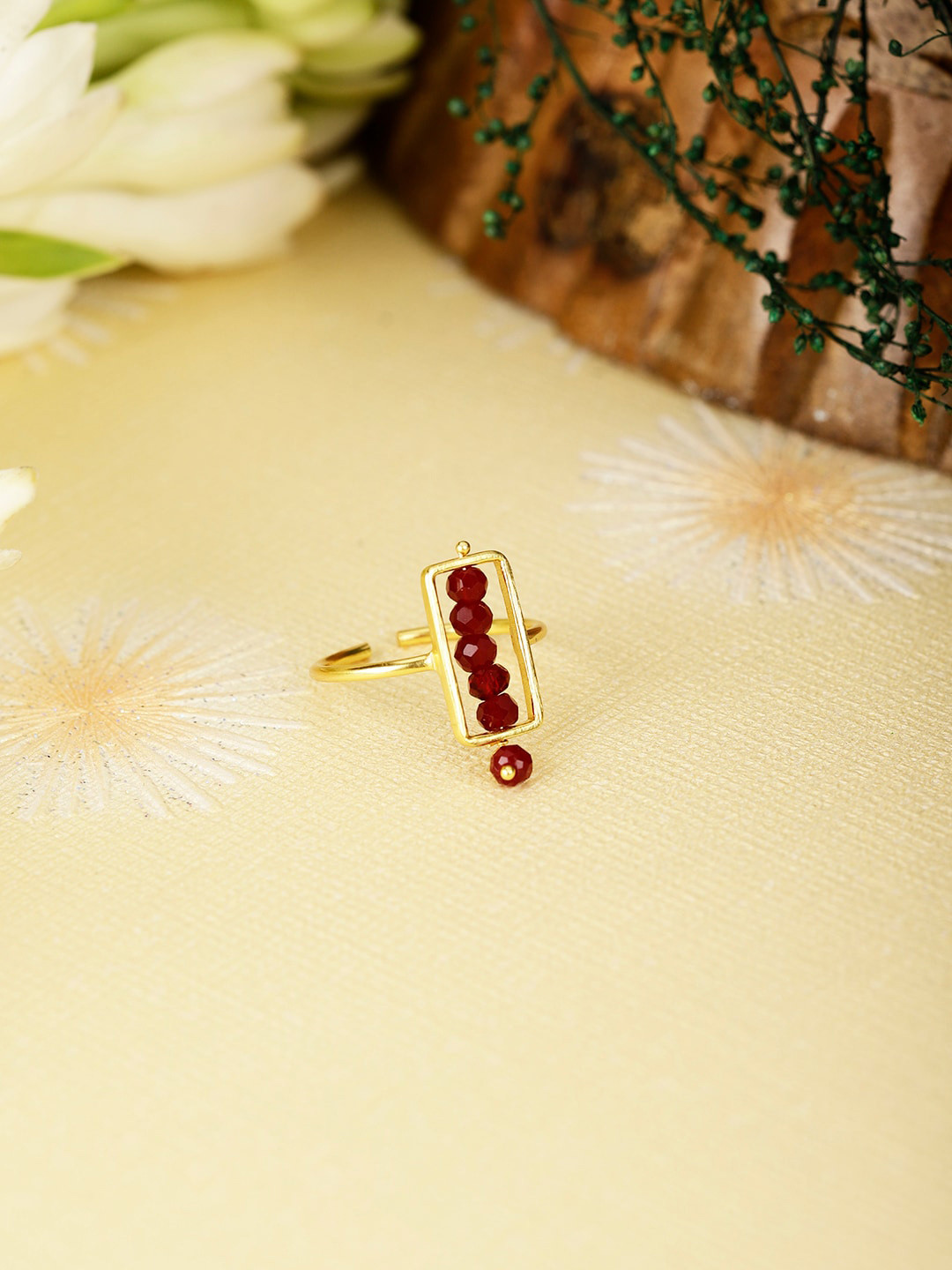 Berserk Gold Plated Garnet Stone Studded Adjustable Finger Ring