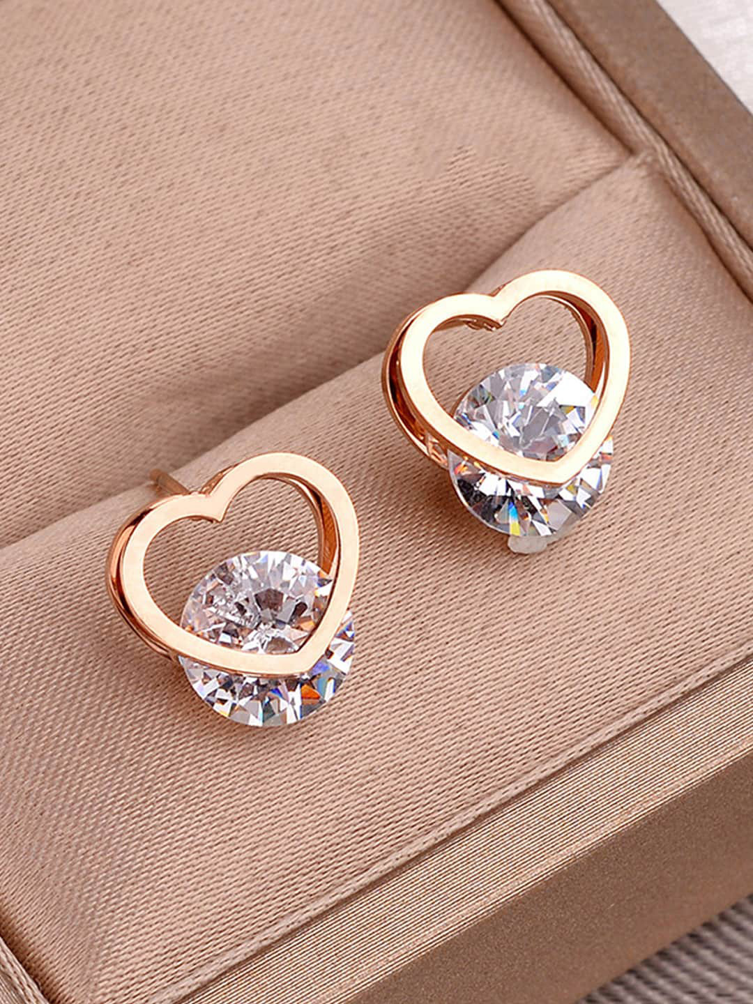 Jewels Galaxy Rose Gold Plated CZ Studded Heart Shaped Stud Earrings
