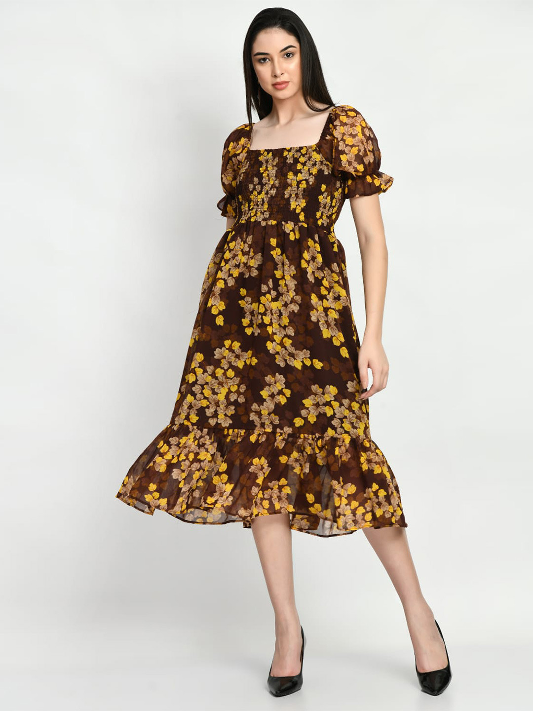 Shiva Trends Floral Printed Sqaure Neck Puffed Sleeves Smocked Georgette Fit & Flare Dress