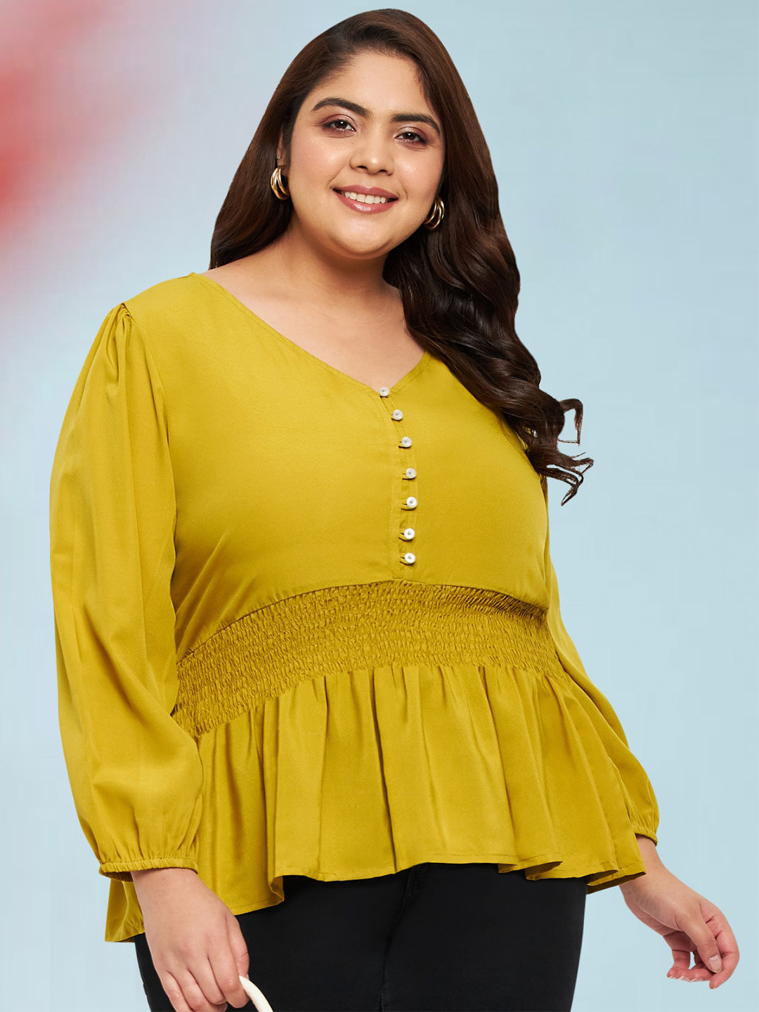 wild U Mustard Plus Size Puff Sleeve Smocked Crepe Peplum Top