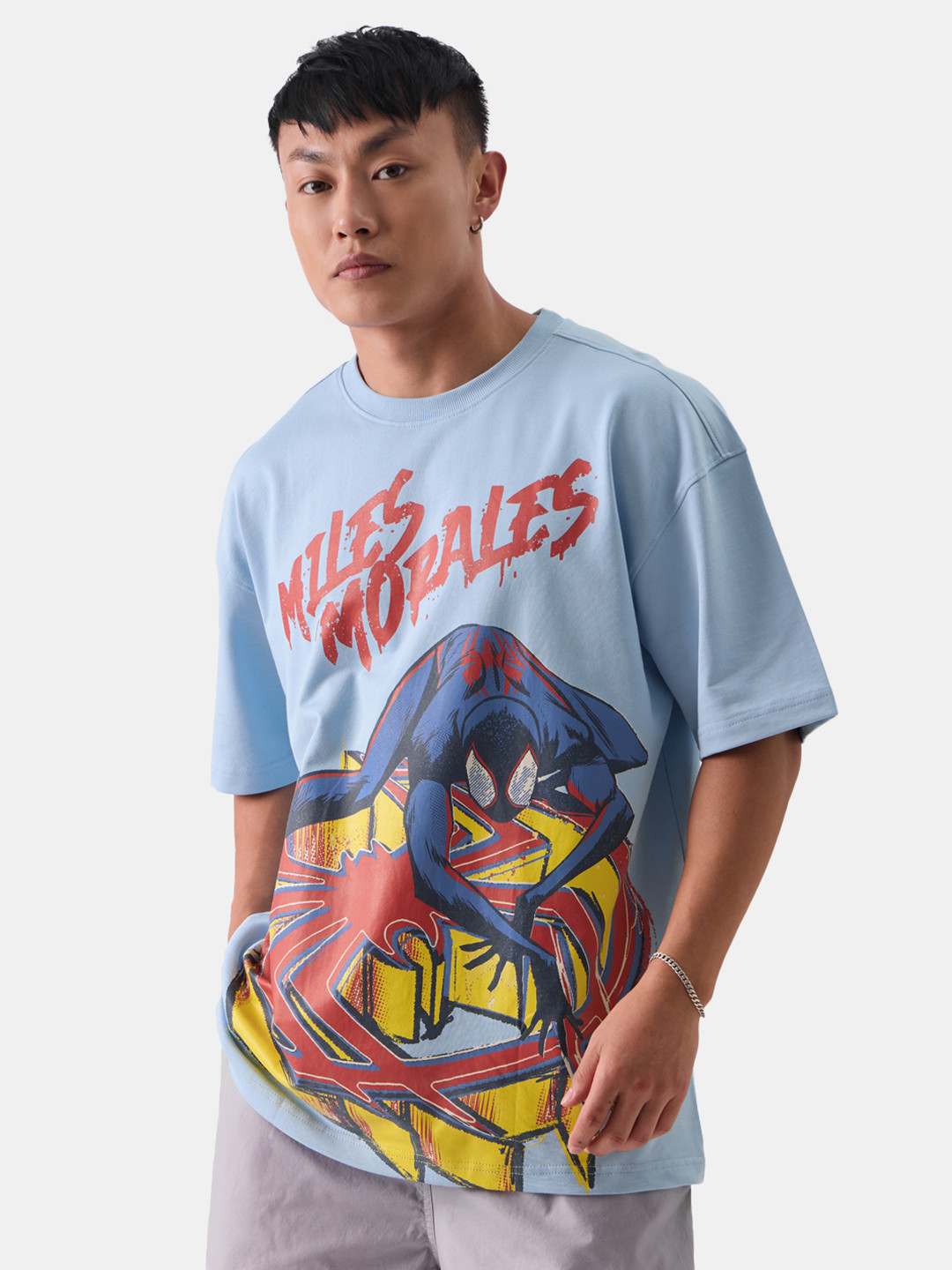 The Souled Store Blue Superhero Spider-Man Graphic Printed Oversized Pure Cotton T-Shirt