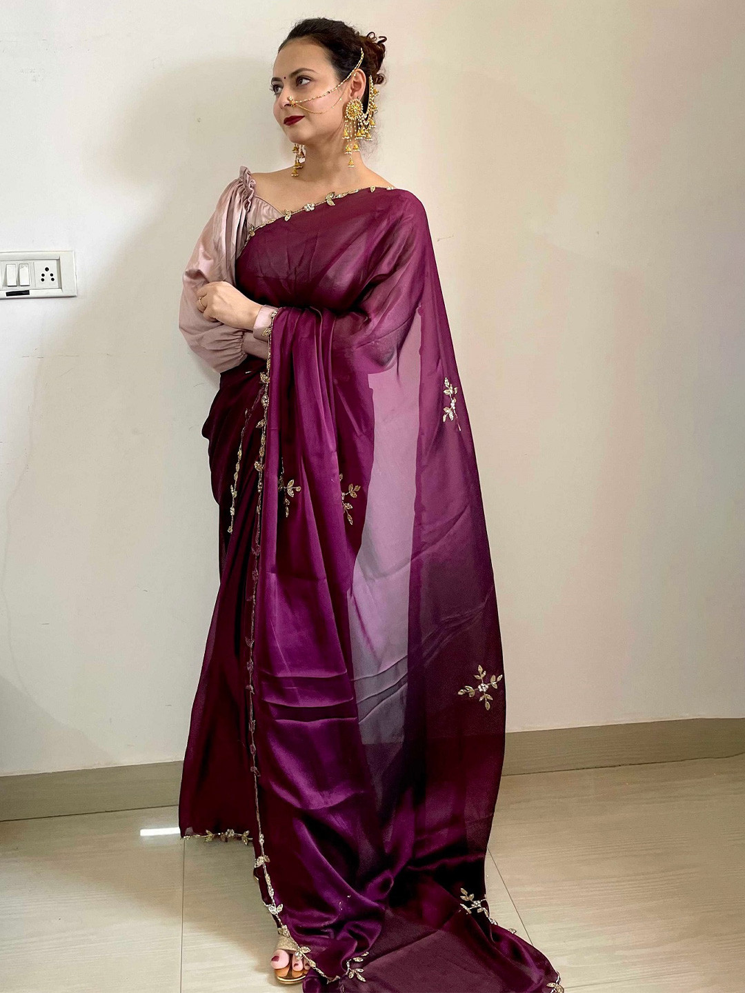 Mitera Purple & Gold-Toned Embellished Embroidered Designer Saree