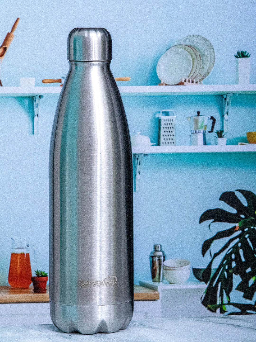 Servewell Bali Silver Toned SS Single Stainless Steel Water Bottle 1L