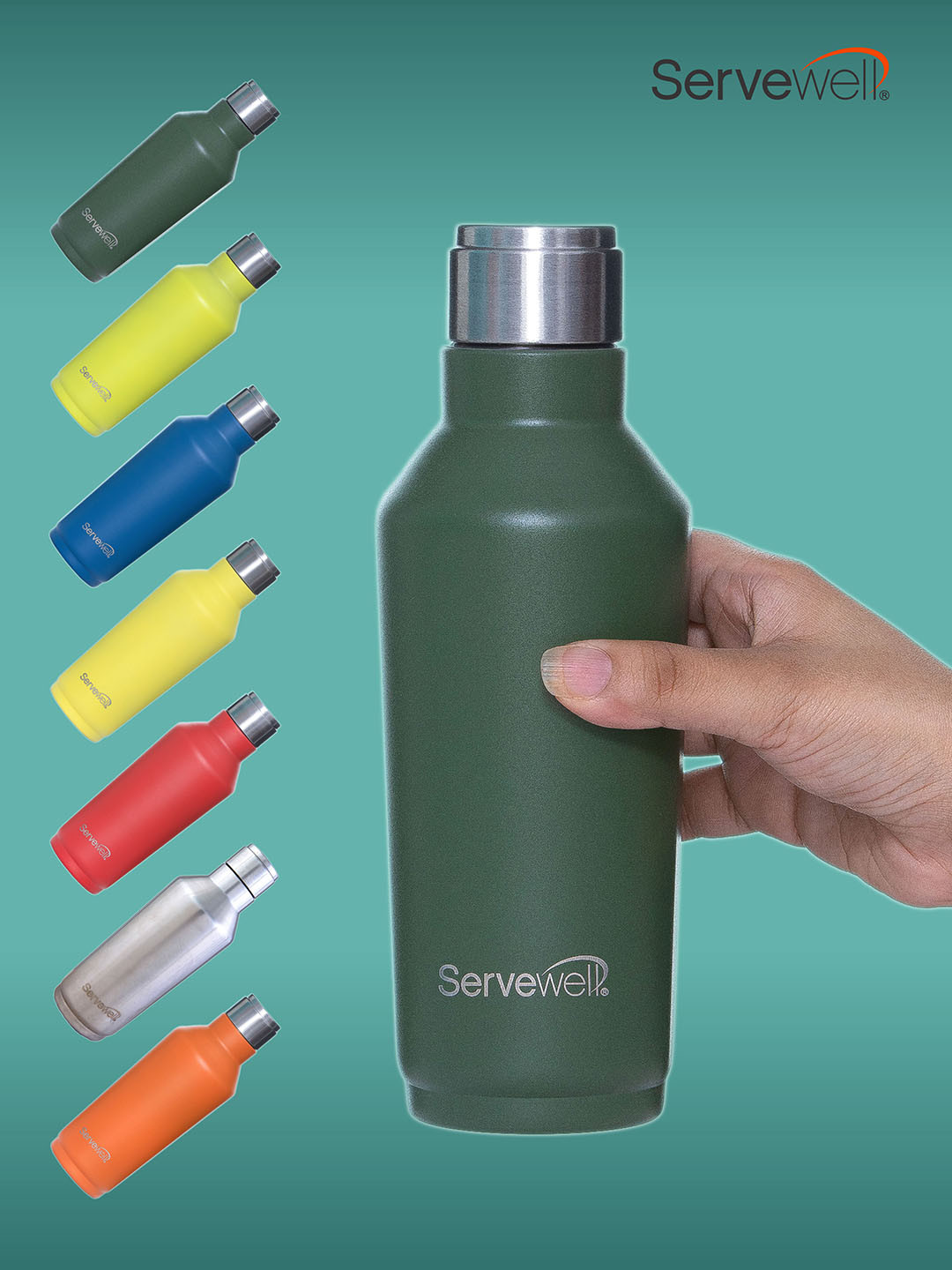 Servewell Green Solid Stainless Steel Spill Proof Flask - 675ml