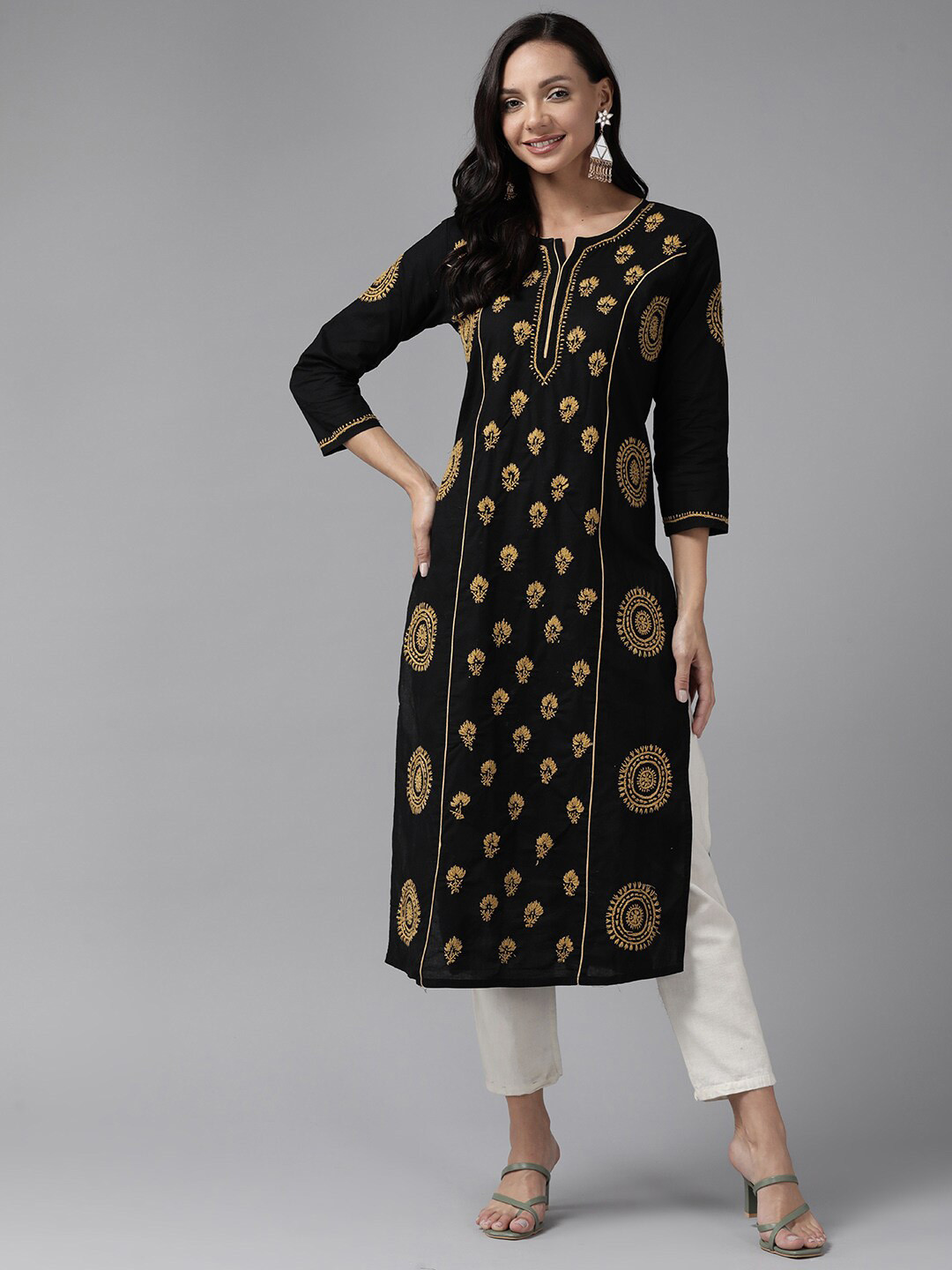 ADA Ethnic Motifs Embroidered Chikankari Pure Cotton Straight Kurta
