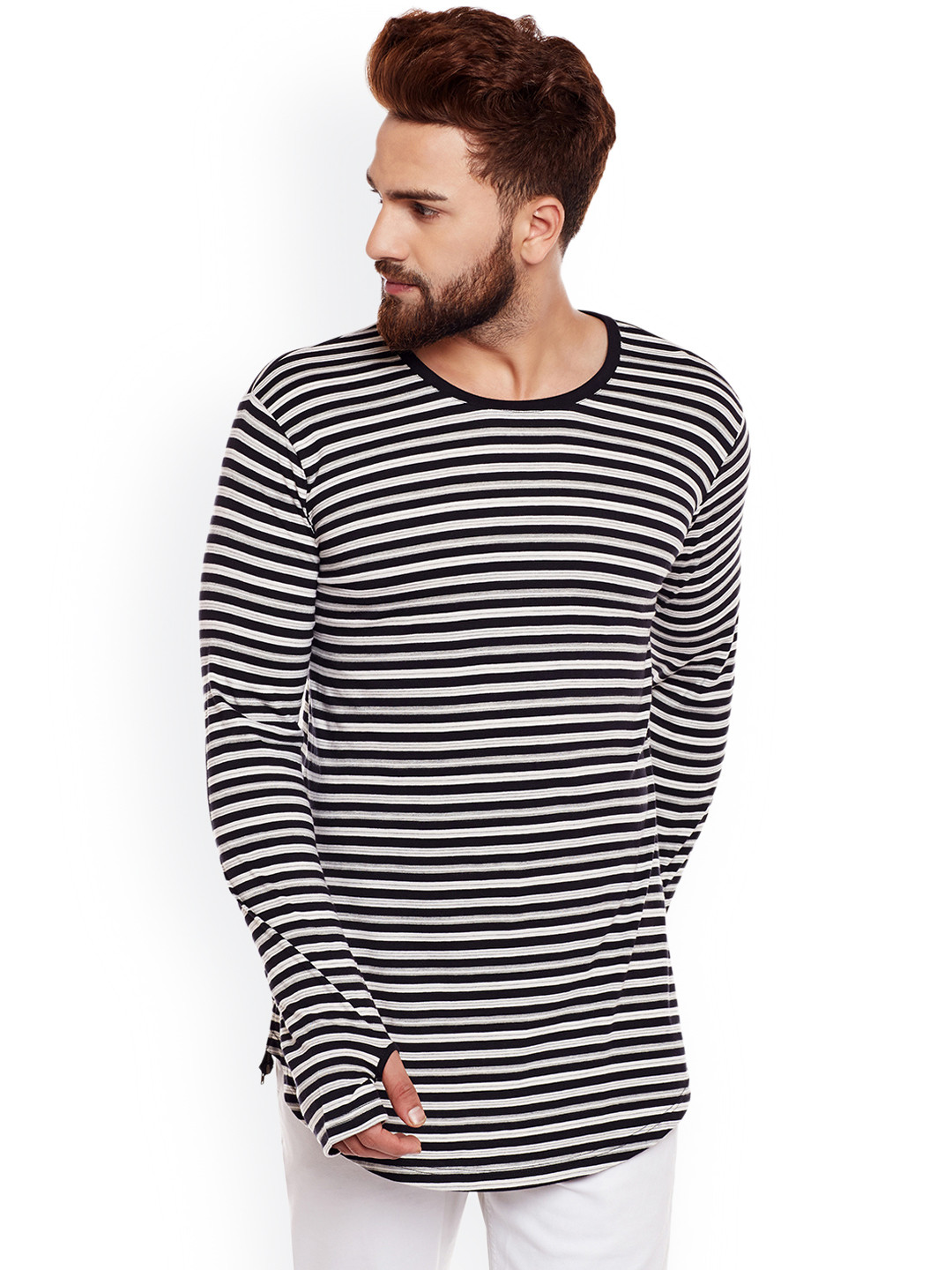 Hypernation Men Grey & Black Striped Round Neck T-shirt