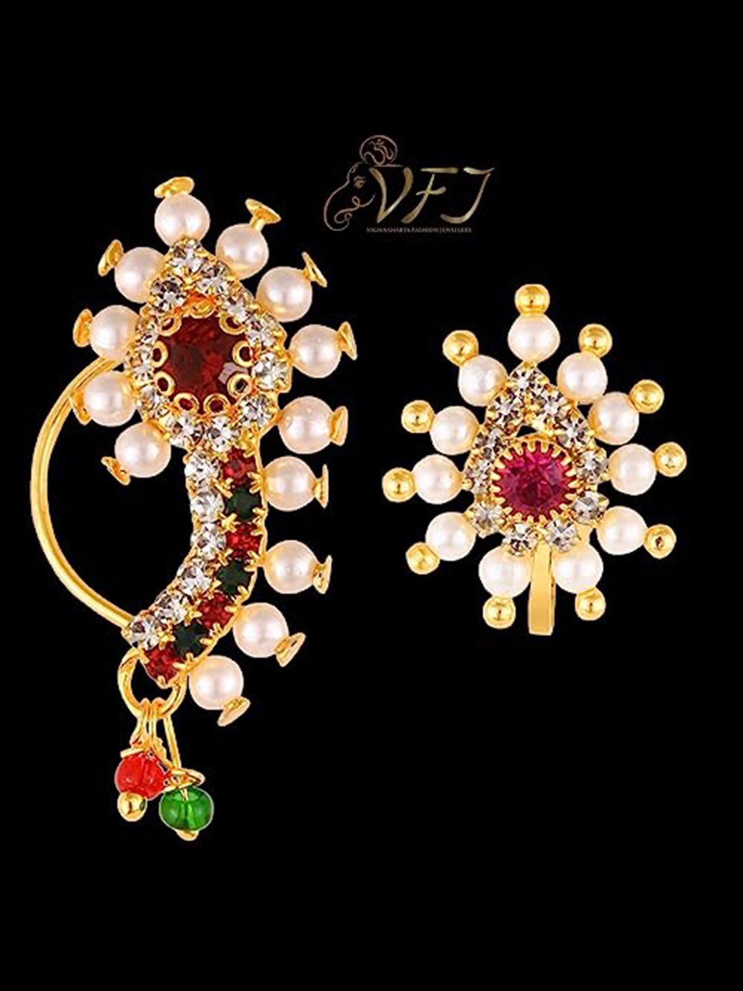 Vighnaharta Set Of 2 Gold-Plated Cubic Zirconia & Pearl Maharashtrian Nose Pin