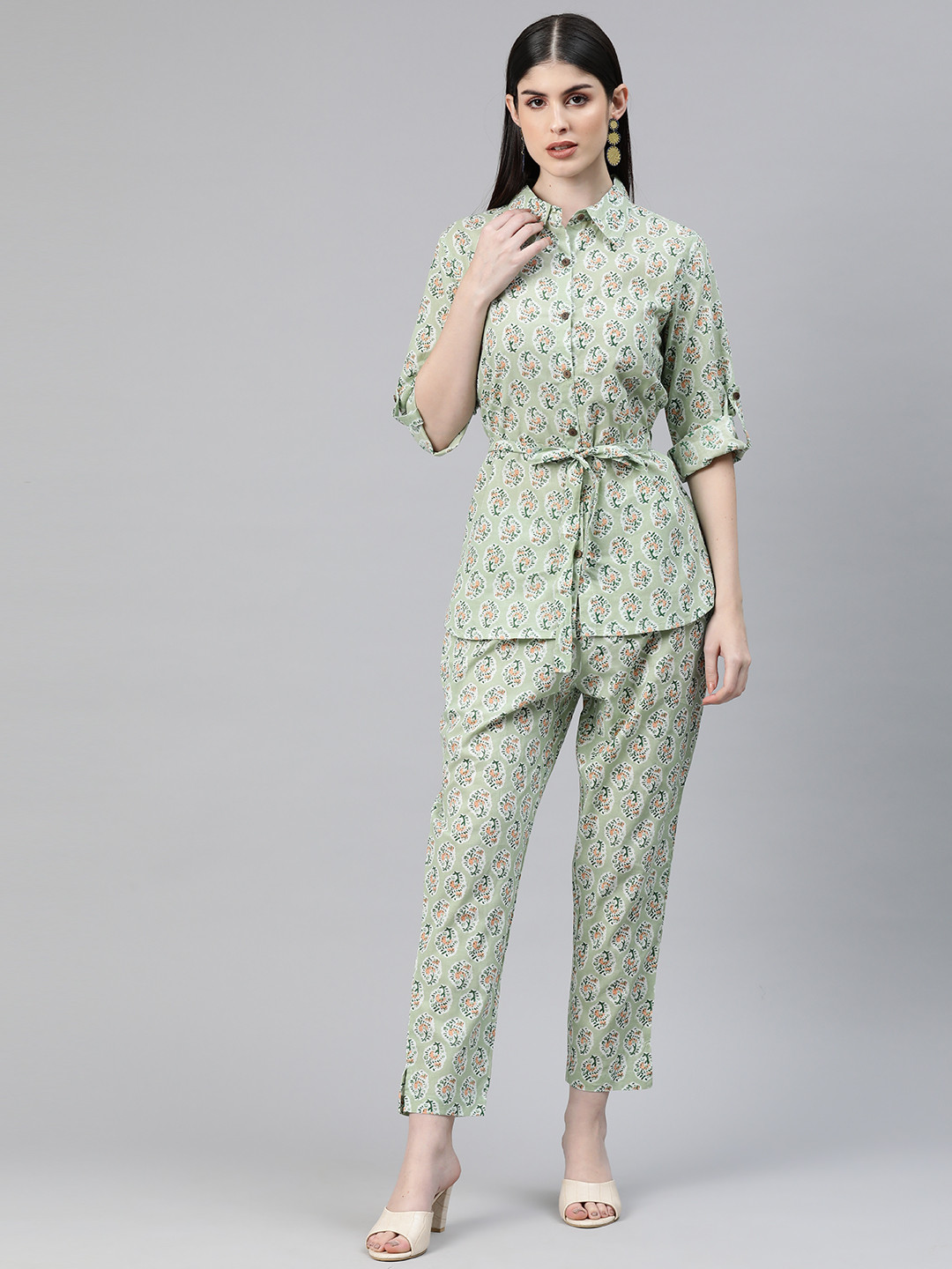 Readiprint Women Printed Shirt with Palazzos & Belt