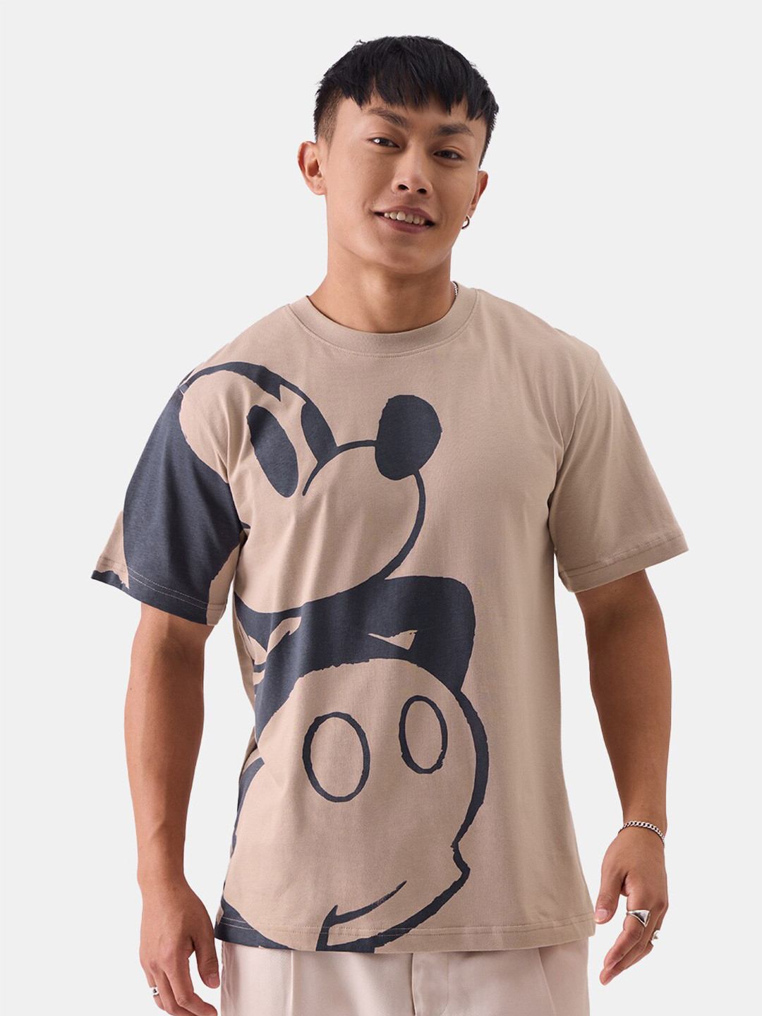 The Souled Store Nude-Coloured Humour and Comic Mickey & Mouse Printed Pure Cotton T-Shirt
