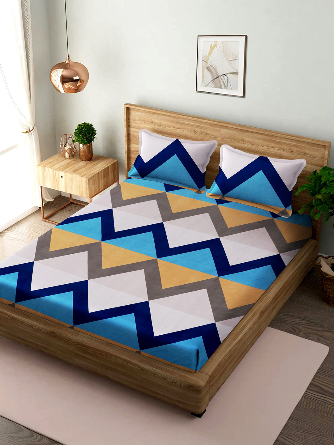 MODEFE Blue Geometric Cotton 180 TC Queen Fine Bedsheet with 2 Pillow Covers-89 x 98 inches
