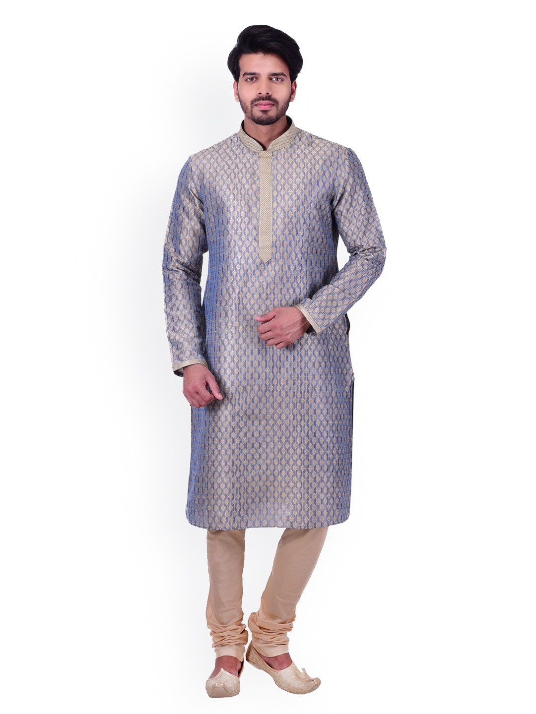 Manu Men Cream-Coloured Ethnic Motifs Thread Work Kurta with Churidar