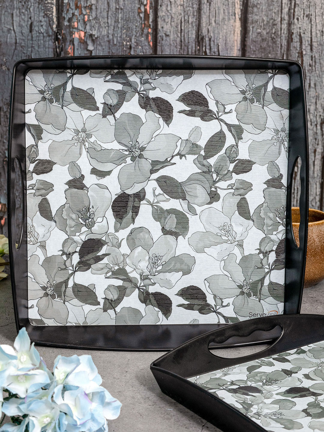 Servewell 2 Pieces White & Grey Printed Melamine Serving Trays