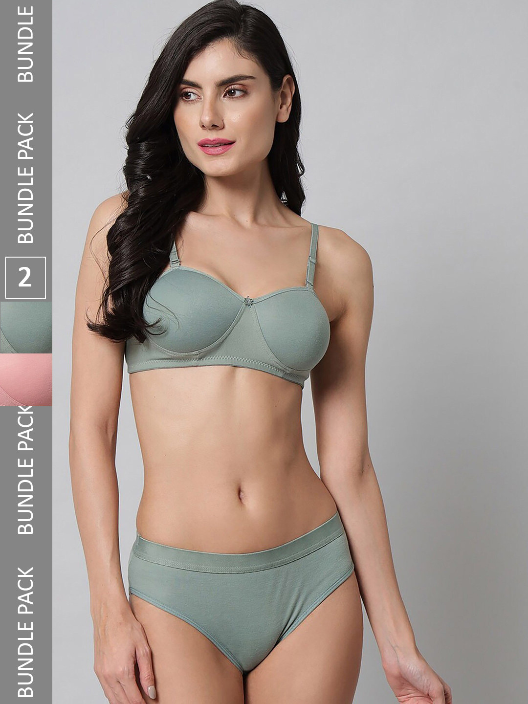 AROUSY Pack Of 2 Lightly Padded Cotton Lingerie Set R_Demi Set_Pink,Green_30