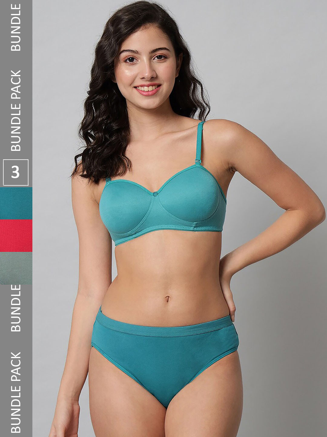 Aamarsh Pack Of 3 Cotton Lingerie Set-AP_R_Demi Set_Red,Blue,Green_30