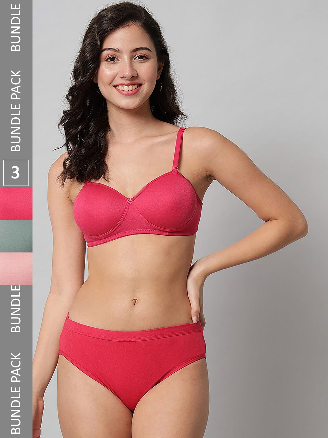 Aamarsh Pack Of 3 Cotton Bra & Briefs Lingerie Set VAN:AP_R_Demi Set_Red,Pink,Green_30