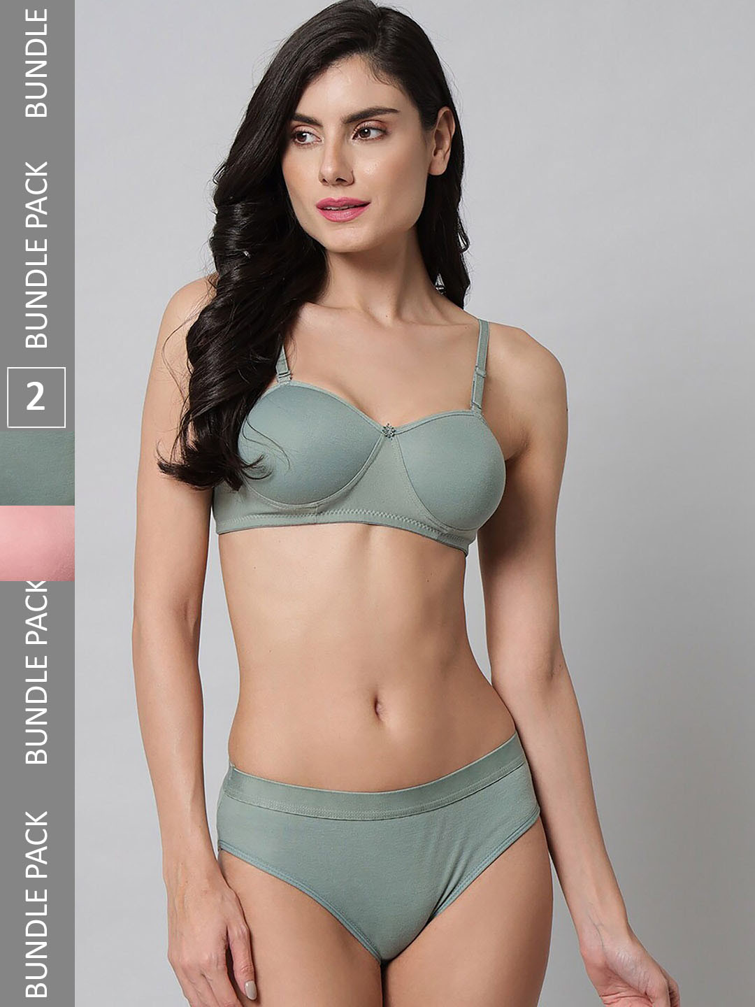 Aamarsh Pack Of 2 Cotton Lingerie Set-AP_R_Demi Set_Pink,Green_30