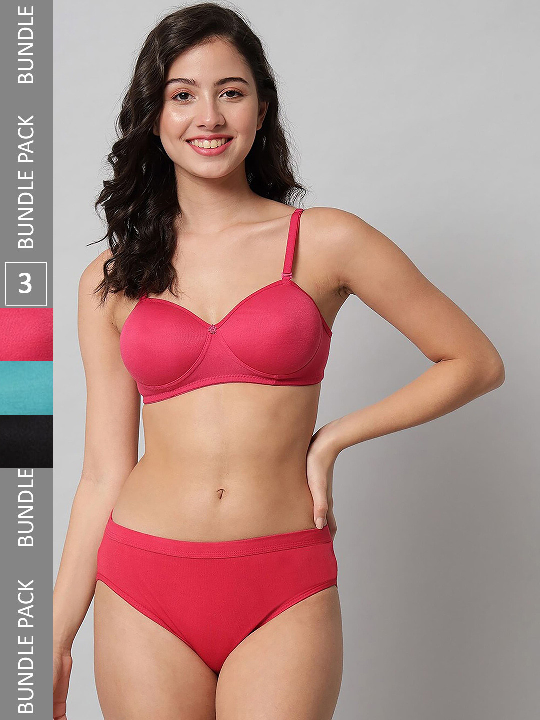 Aamarsh Pack Of 3 Cotton Lingerie Set-AP_R_Demi Set_Black,Blue,Red_30