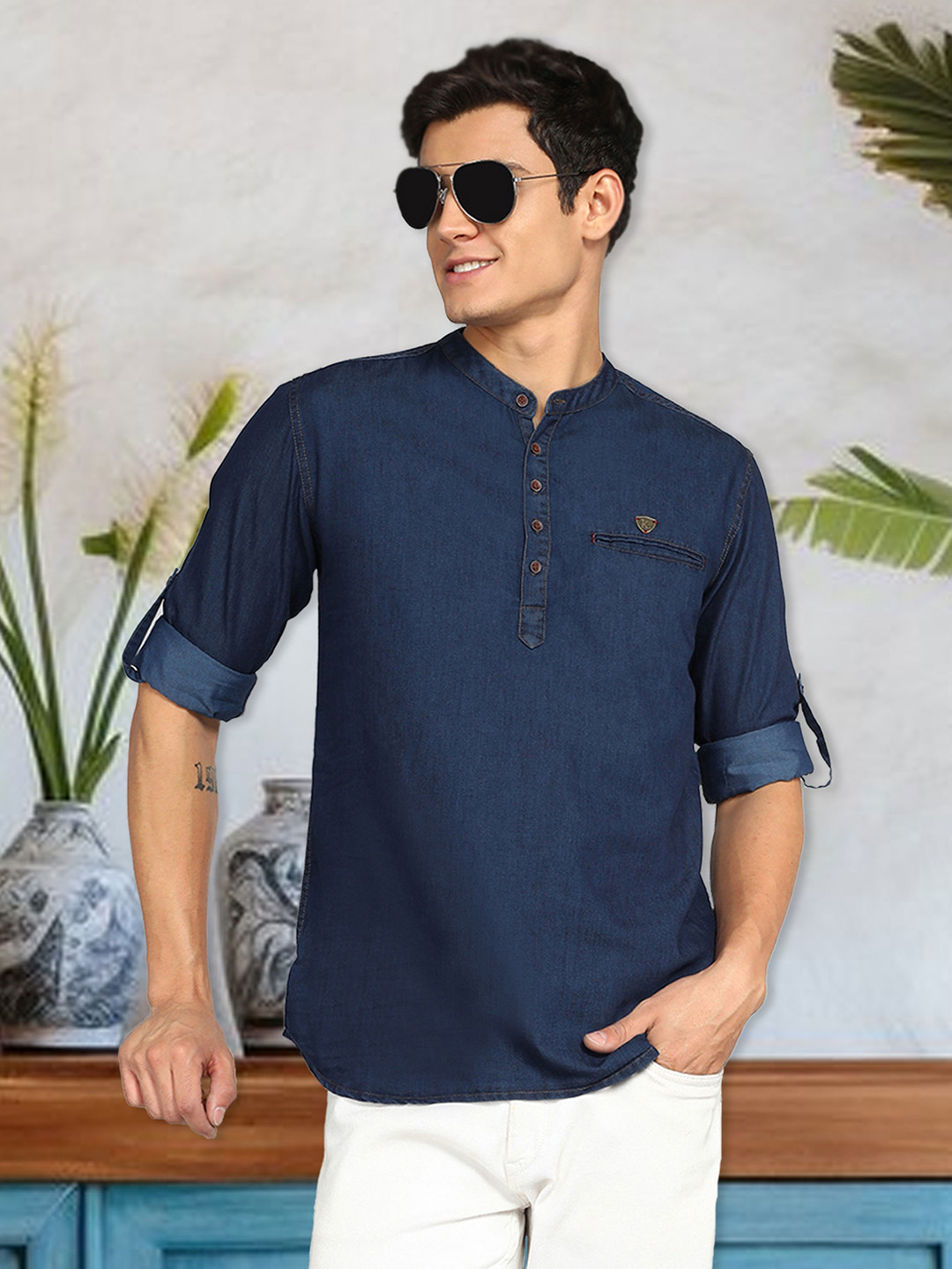 Kuons Avenue Band Collar Long Sleeve Denim Pathani Short Kurta