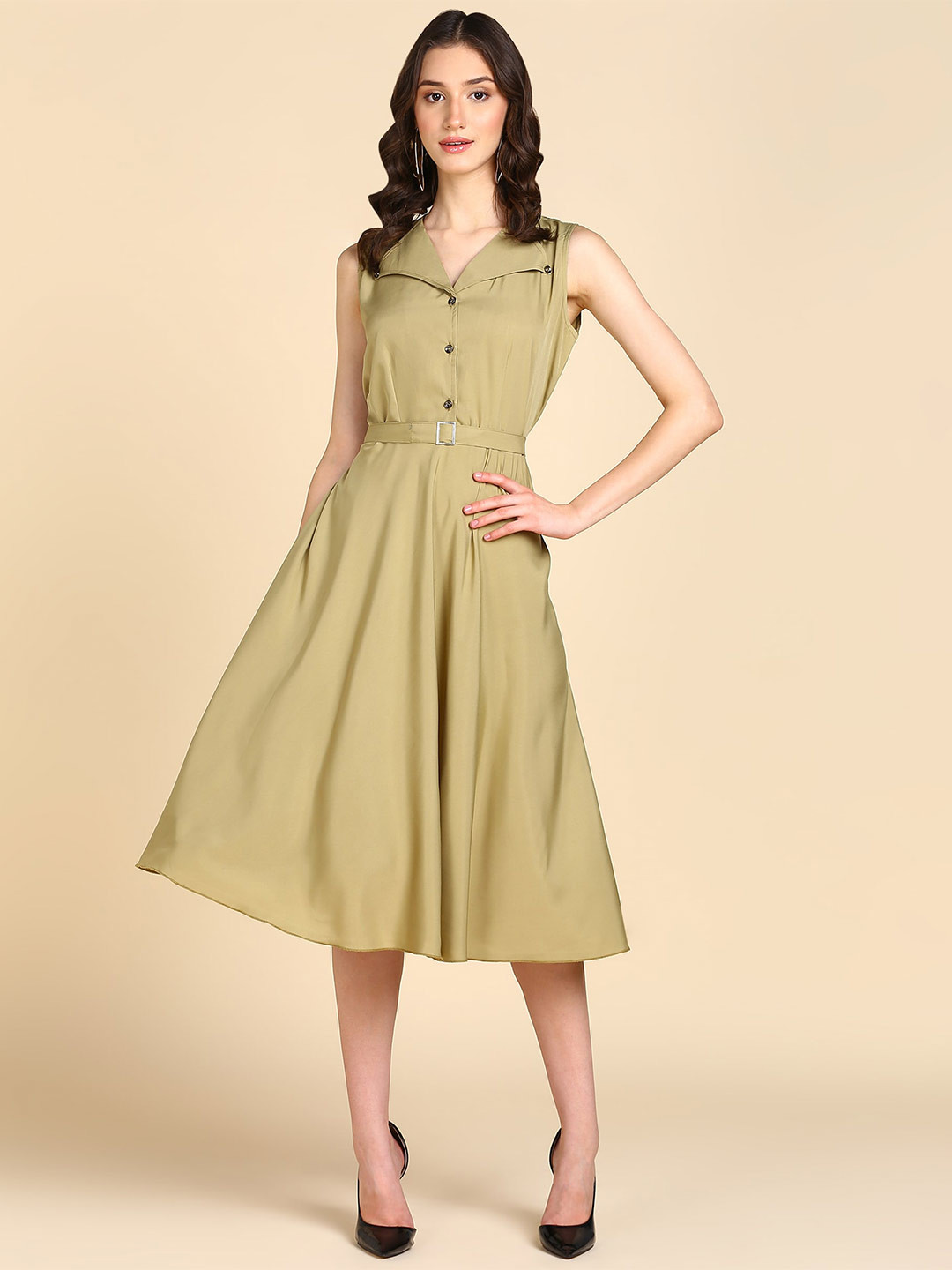 Rudraaksha Creations Shirt Collar Crepe A-Line Midi Dress