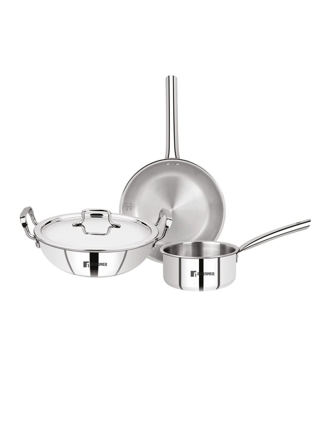 Bergner Tripro TriPly 4 Pcs Set - 24 cm/3 L Kadai, 22 cm/1.7 L Frypan, 16 cm/1.5 L Teapan