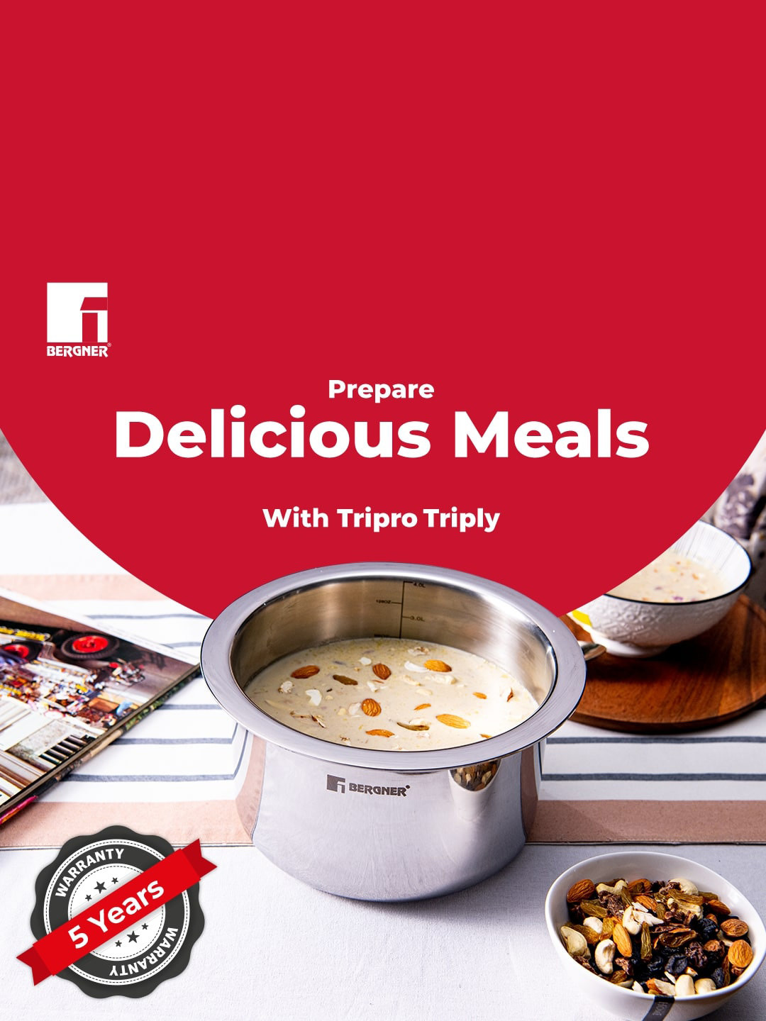 Bergner TriPro Tri-Ply Stainless Steel 20 cm (4.2 Litres)  Induction Bottom Tope with Lid