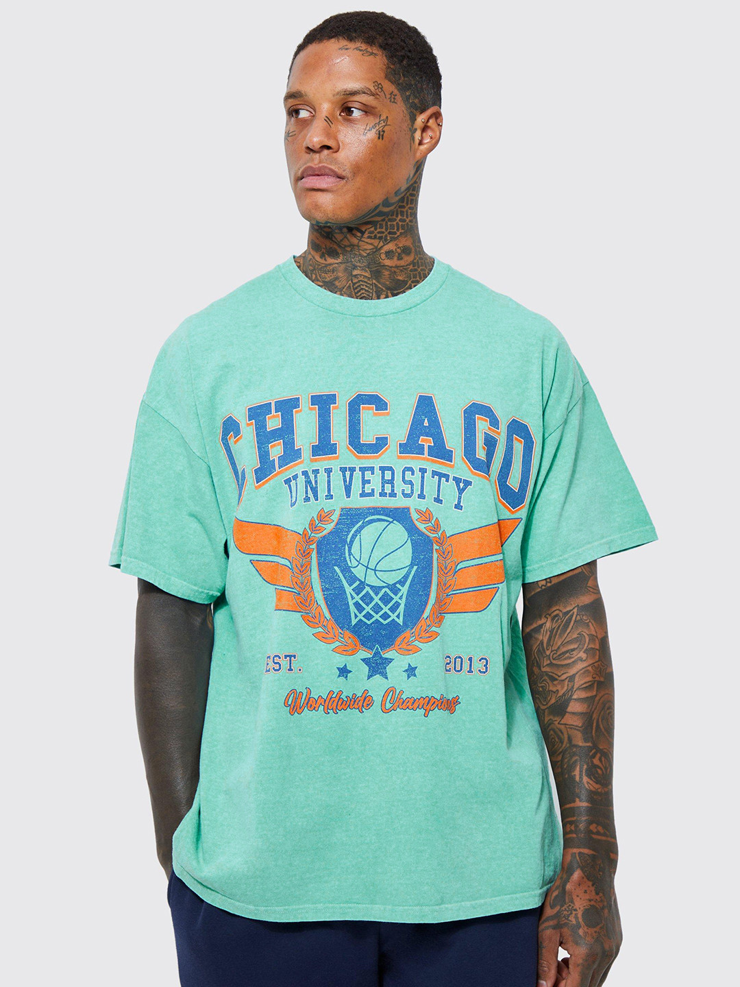 boohooMAN Varsity Printed Drop-Shoulder Sleeves Pure Cotton Oversized T-shirt