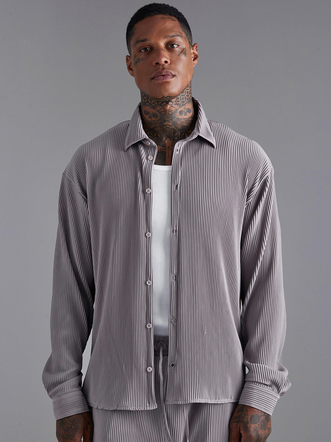 boohooMAN Self Striped Long Sleeves Boxy Fit Casual Shirt