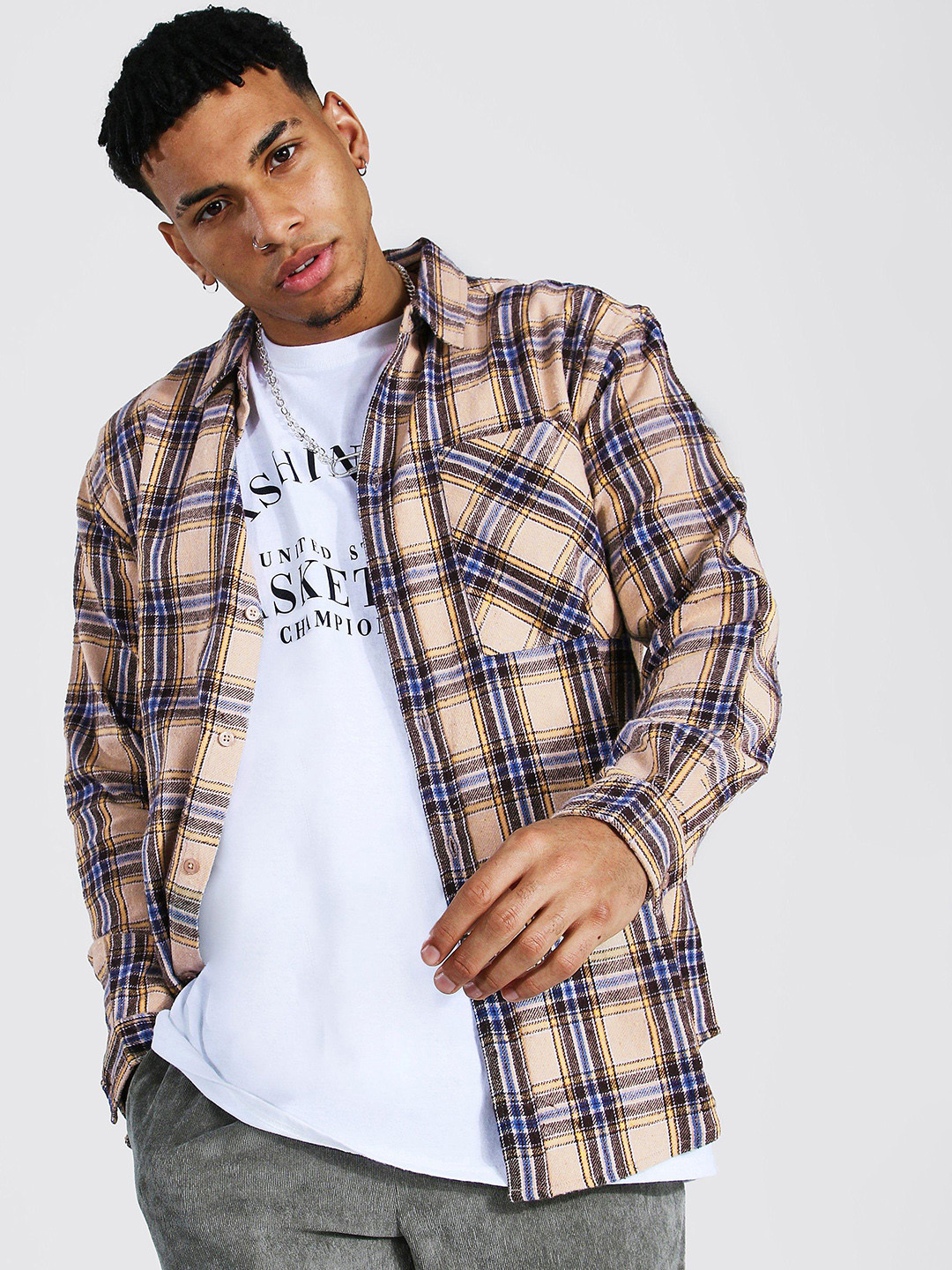 boohooMAN Men Beige Tartan Checks Opaque Checked Casual Shirt