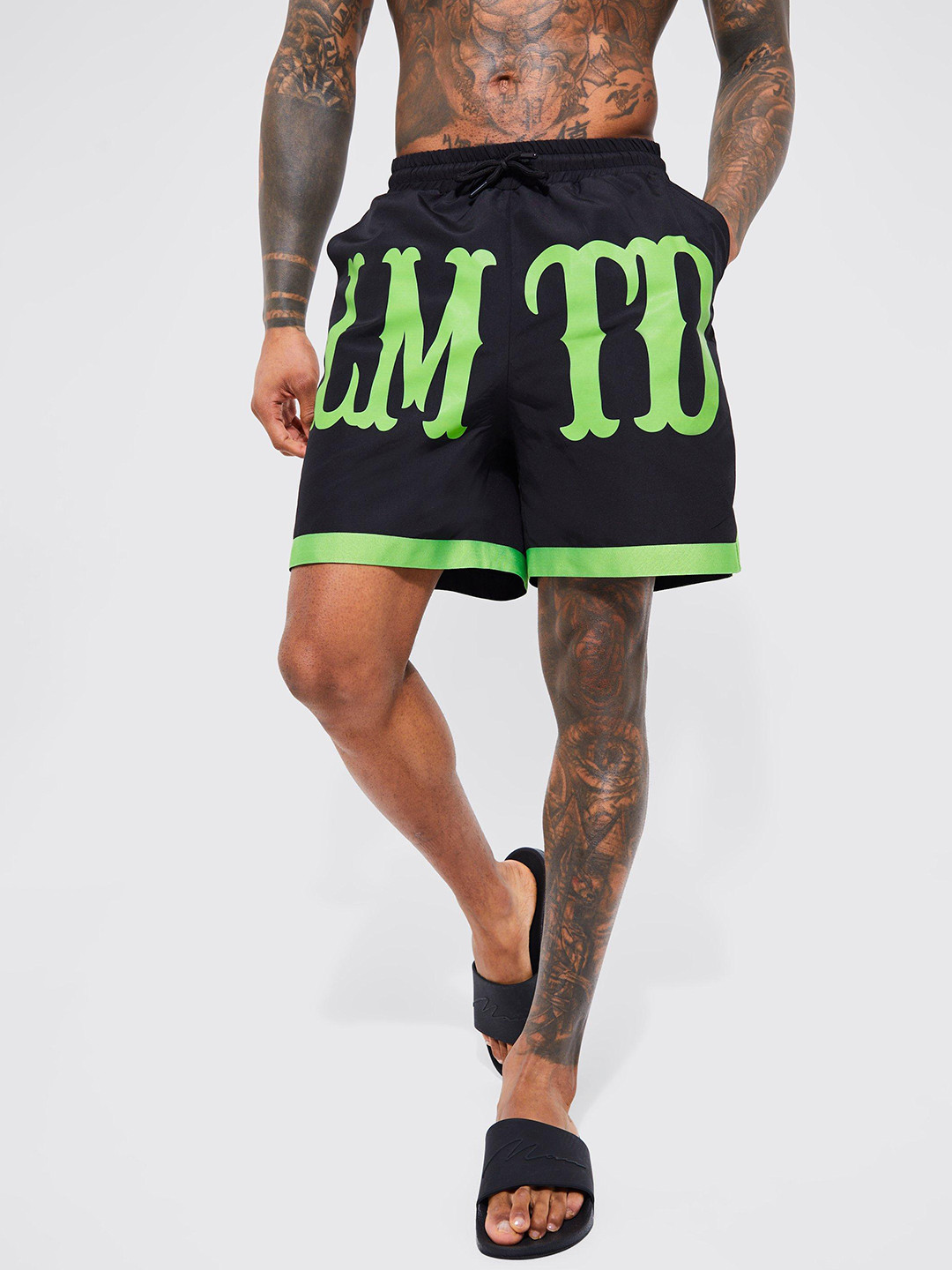 boohooMAN Typography Printed Swim Shorts
