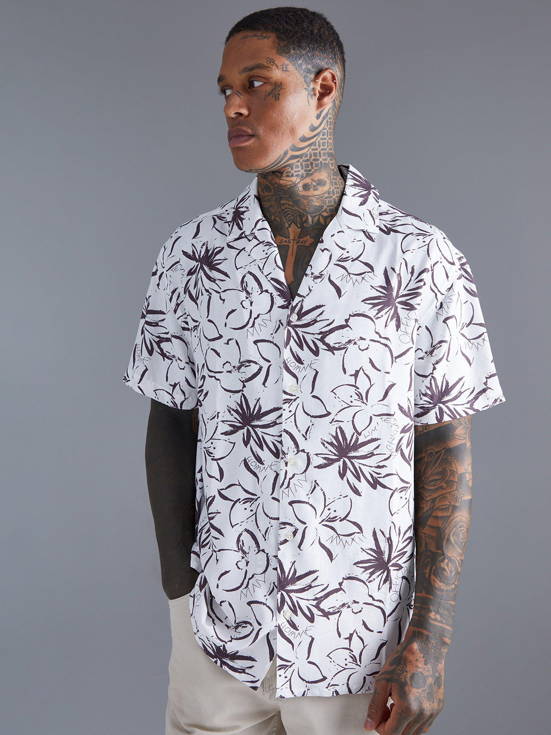 boohooMAN Floral Print Oversized Casual Shirt