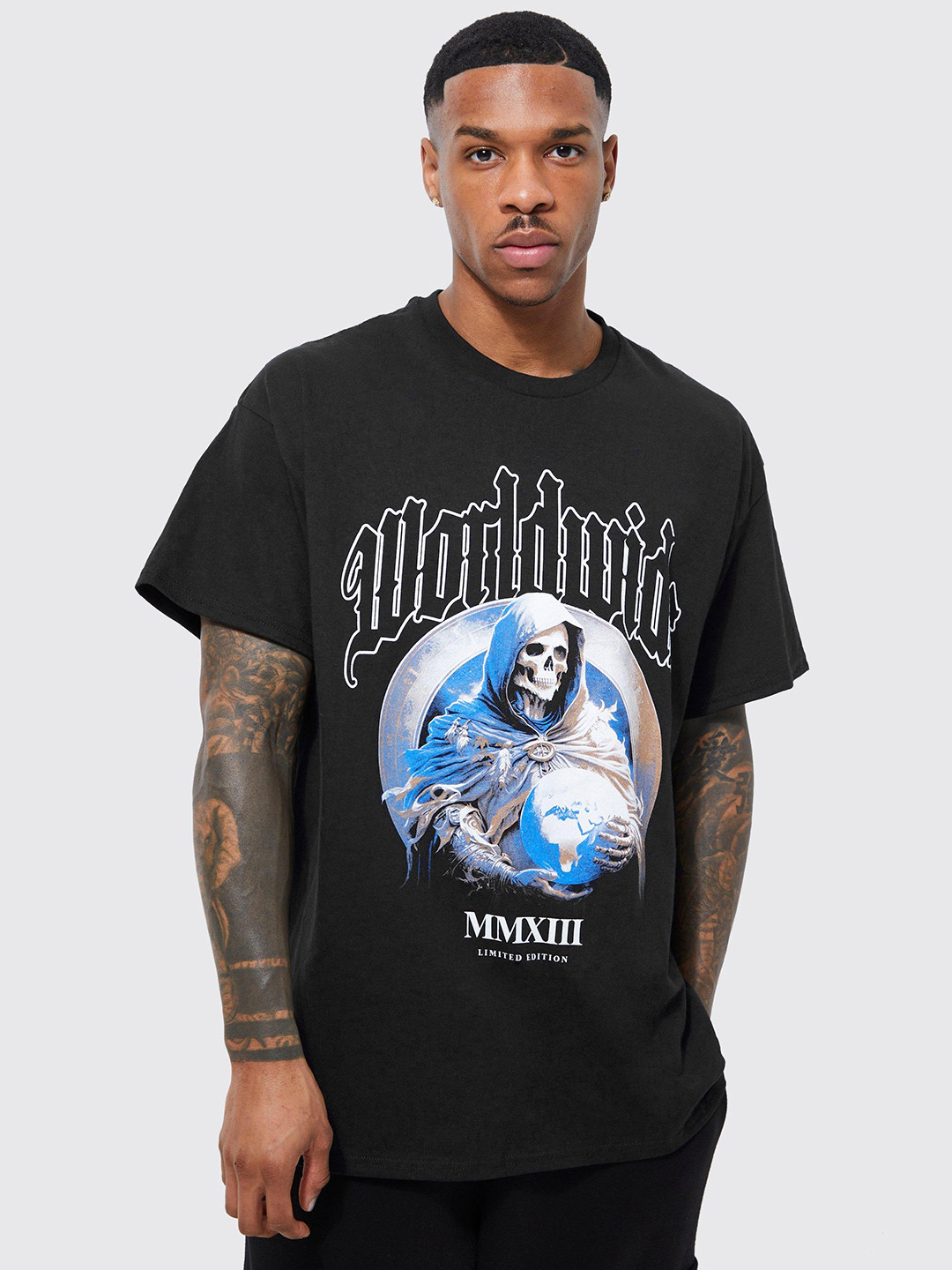 boohooMAN Oversized Printed Back Drop-Shoulder Sleeves Pure Cotton Longline T-shirt