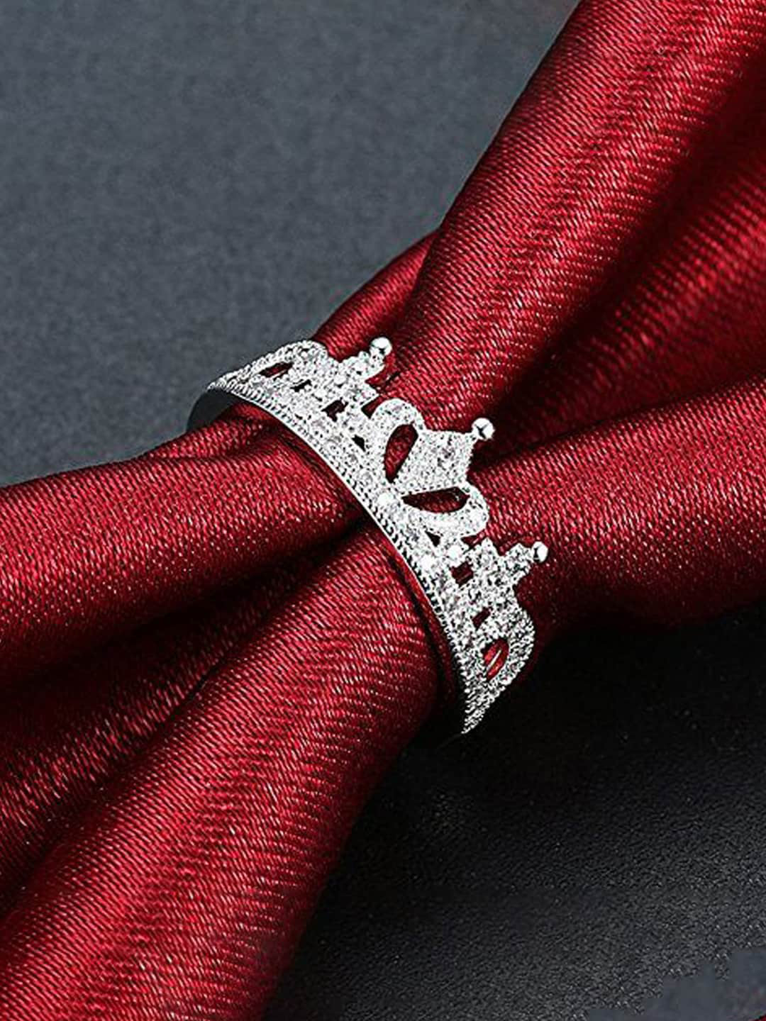 Jewels Galaxy Silver-Plated CZ-Studded Crown Shaped Adjustable Finger Ring