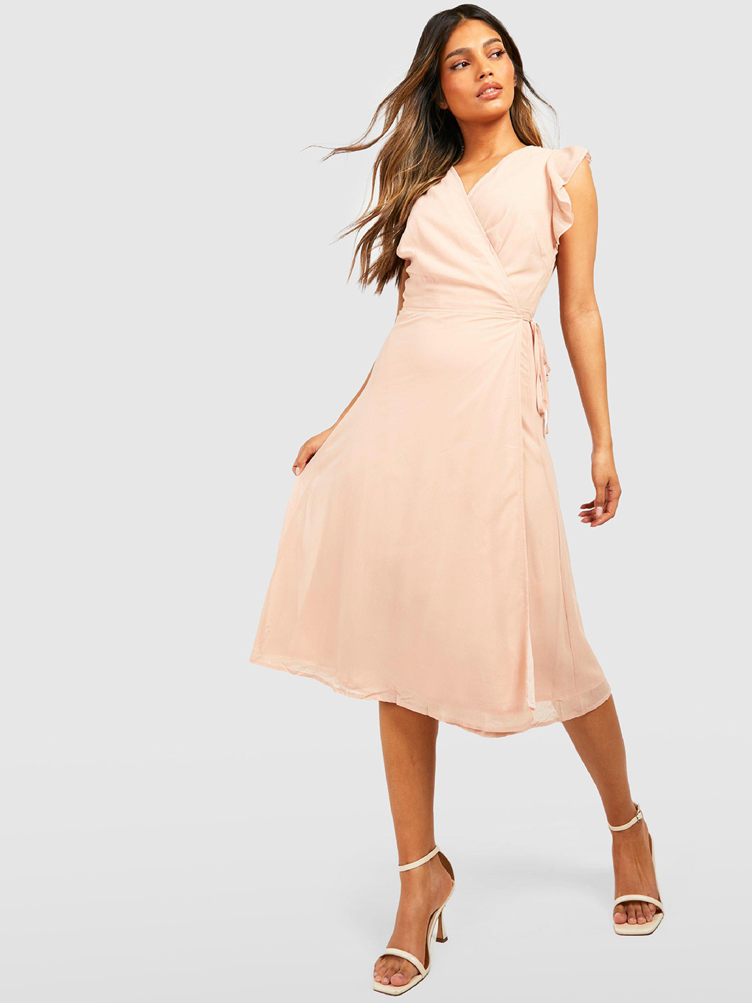 Boohoo Ruffled Sleeves Wrap Dress