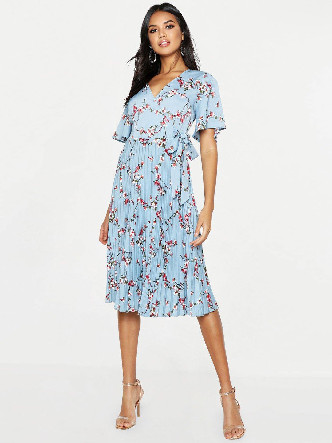 Boohoo Floral Print Flared Sleeves Accordion Pleats Midi Wrap Dress