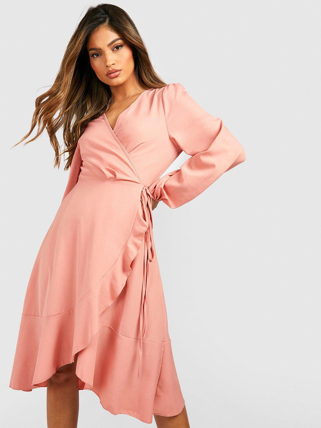 Boohoo Puff Sleeves Ruffled Midi Wrap Dress