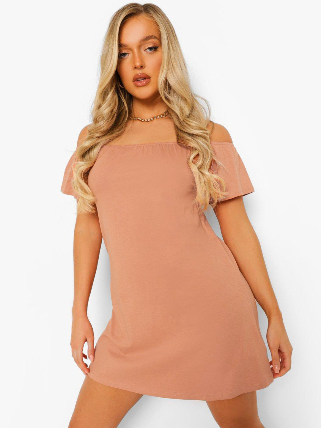 Boohoo Off-Shoulder Bardot Shift Mini Dress